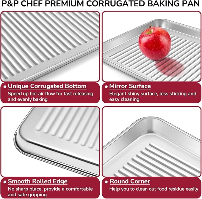 P&P CHEF 9 x 7 x 1 Inch Mini Toaster Oven Pan, Stainless Steel Small Baking Pan Oven Tray for Cooking & Roasting, Corrugated Bottom, Healthy & Sturdy, Dishwasher Safe - 2Pcs