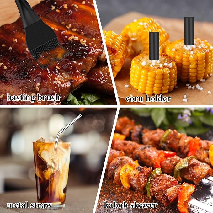 ROMANTICIST 25pcs Extra Thick BBQ Grill Accessories, Christmas Grilling Gifts Set for Men Dad, Heavy Duty Grill Tools Utensils Kit with Spatula, Tongs in Aluminum Case for Birthday Black