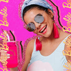 Dragon Glassware x Barbie Drinking Glasses - Pink and Magenta - 16 oz Can Shaped Glass Cups with Lids and Straws Set of 2 - Iced Coffee Cups with Lids - Glass Tumbler with Straw and Lid