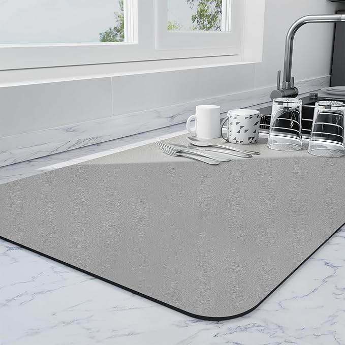 Ecotrim - Dish Drying Mat for Kitchen Counter | Coffee Bar Mat for Countertops | Heat Resistant Drainer Mat with Non-slip Rubber Backed | Hide Stain Kitchen Absorbent Draining Mat | Grey 16"x18"