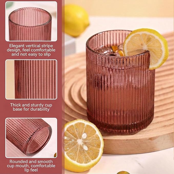Physkoa Rose Red Ribbed Drinking Glasses Set of 6 – 9oz Vintage Red Glassware, Embossed Ribbed Tumbler Cups for Juice, Cocktail, Water, Iced Coffee