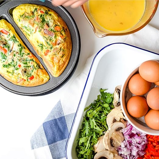Holstein Housewares Stainless Steel 2 Section Omelet & Frittata Maker, Non Stick Coating, Easy To Clean, Indicator Lights, Compact Storage, Versatile Recipes in Minutes. 2 Portions, Metallic Red