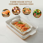 Ceramic Baking Casserole Dish with Handles, Large 9x13 inch Pan and Middle Baking Pan - Porcelain Serving Bakeware Set (Farmhouse White)