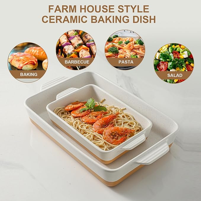 Ceramic Baking Casserole Dish with Handles, Large 9x13 inch Pan and Middle Baking Pan - Porcelain Serving Bakeware Set (Farmhouse White)