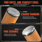 Rolling Knife Sharpener Kit with 1000 & 3000 Grit Diamond Discs, 15°/20° Magnetic Angle Guide for Kitchen Knives -Eraser, Finger Protector, Leather Strop & Carry Bag