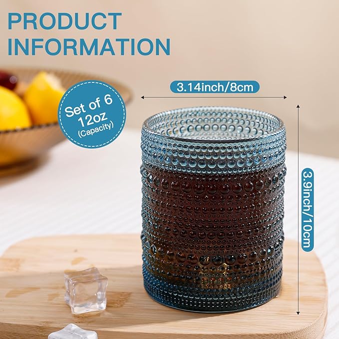JOVGANK Blue Vintage Hobnail Drinking Glasses Set of 6, Embossed Water Tumbler 12oz, Kitchen & Bar Beaded Glass Cups, Beverage Glass Cups for Water, Beer, Juice, Housewarming and Mother's Day Gift
