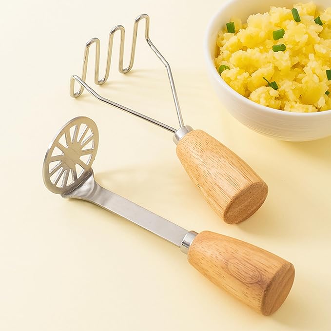 2Pcs Mini Potato Masher,Stainless Steel Mashed Potatoes Masher with wooden handle, Kitchen gadgets Tool for Potatoes, Beans, Meat, Vegetables,space saver (Mini Duo)