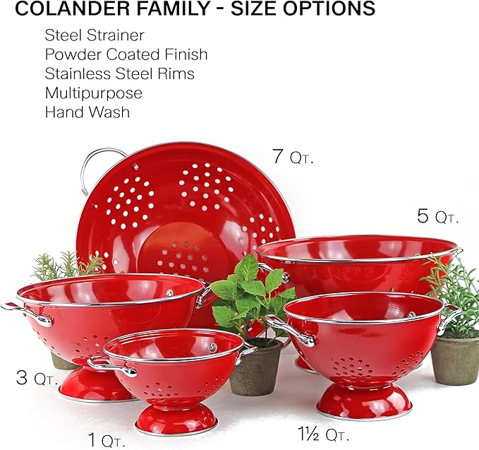 Reston Lloyd, 1.5 Quart Powder Coated Steel Kitchen Strainer Basket for draining Pasta, Vegetable and Fruit, Chrome Handles and Wide Stable Base, Red