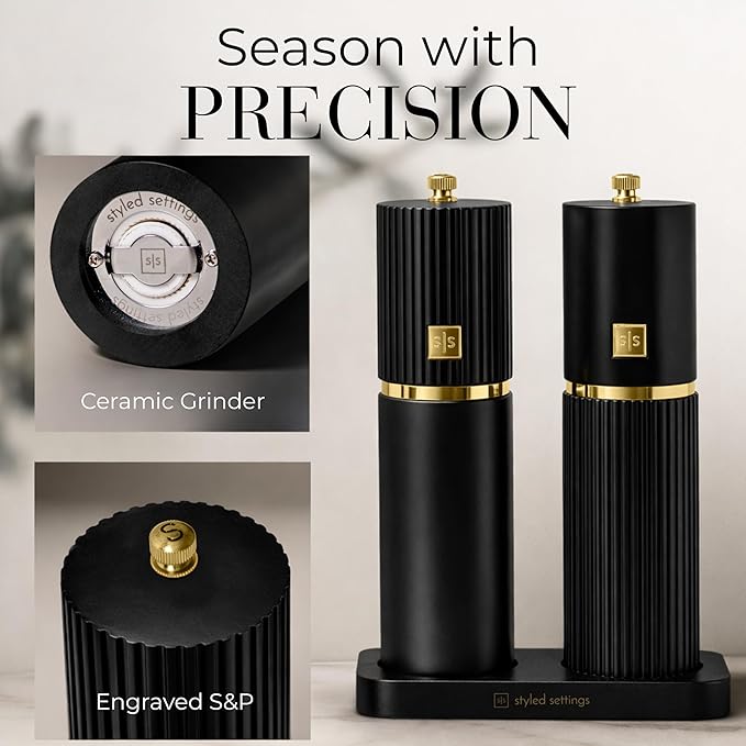 Wooden Salt and Pepper Grinder Set – Refillable Manual Salt and Pepper Mills with Adjustable Ceramic Burrs, Gold Detailing, and Wood Stand – Black