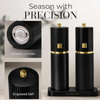 Wooden Salt and Pepper Grinder Set – Refillable Manual Salt and Pepper Mills with Adjustable Ceramic Burrs, Gold Detailing, and Wood Stand – Black