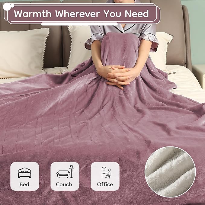 Electric Heated Blanket King Size - 90"x100", Soft Flannel Heating Blanket, 10 Heating Levels, 1-12 H Auto Shut Off, Breathable Warm and Washable for Bed, Purple
