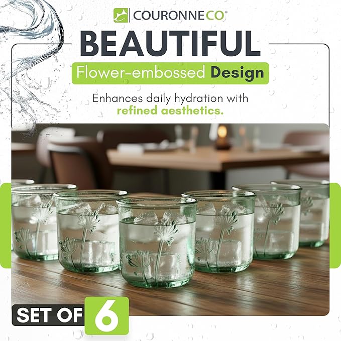 COURONNE CO. Clear Recycled Drinking Glass Tumbler, Perfect for Cocktails, Refreshments & Everyday Use, Restaurant Grade, Crafted without lead-based materials (10.1 Oz, Flora), Pack of 6
