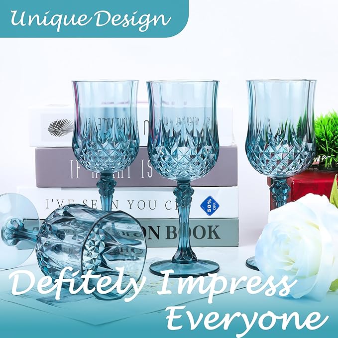 Plastic Wine Glasses, Plastic Goblets Vintage Style Cordial Unbreakable Drinking Glasses, Reusable Drinkware for Wedding Reception, Grand Event Party Supplies (12, Dusty Blue)