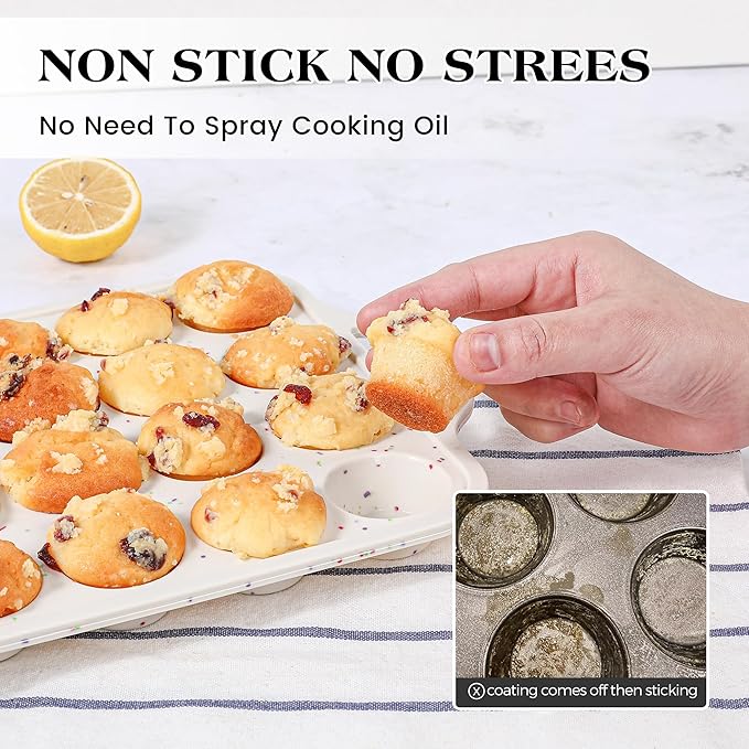 1 Pc Mini Muffin Pan with Metal Reinforced Frame, 24 Cups Nonstick Silicone Cupcake Tray for Baking, Food Grade Small Muffin Molds with Handles (Cream)