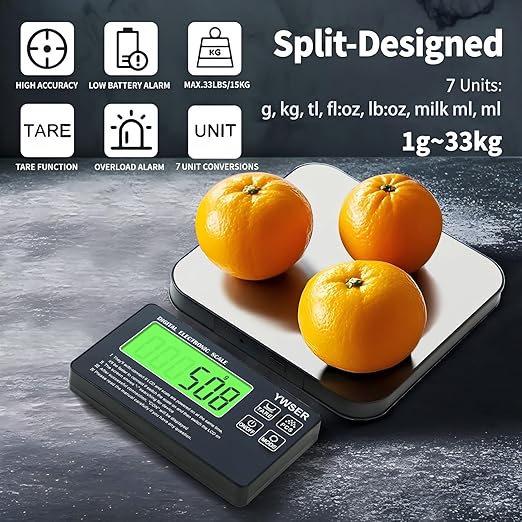 33lb Wireless Magnetic Digital Kitchen Scale with Remote LCD Display, Split-Designed for Easy Cleaning, 0.1oz/1g Precision, 7 Units, Tare Function for Baking, Cooking, Meal Prep