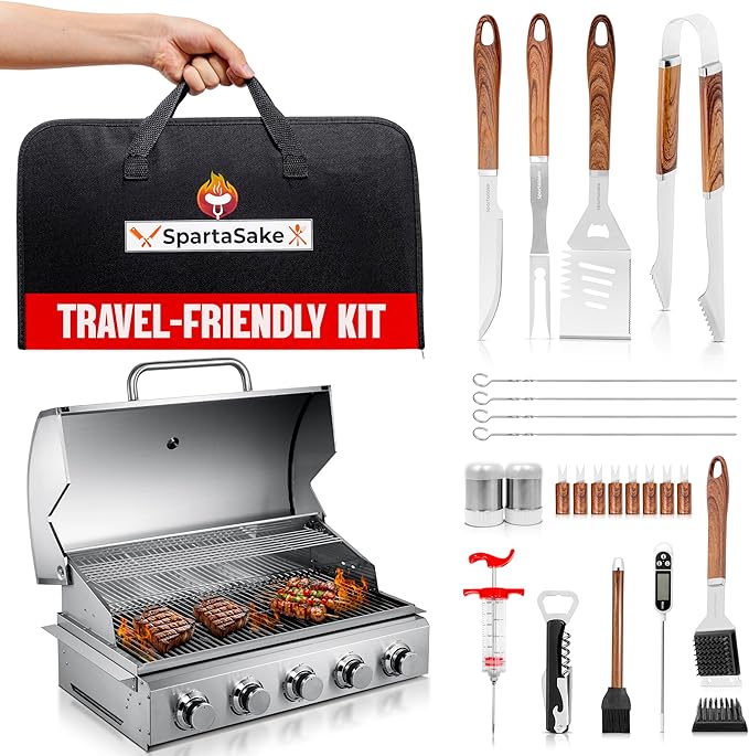 SpartaSake (24-Pack) Premium Stainless Steel BBQ Grilling Accessories with Steel Handles - Barbecue Gill Accessories Set for Blackstone Griddle - Outdoor Camping Grill Set for BBQ for Dad Men Women