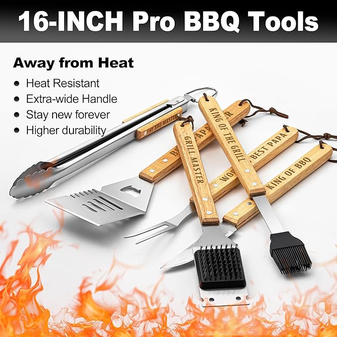 Papa Gifts from Grandkids, Papa Grilling Gift Heavy Duty Wooden BBQ Grilling Accessories Kit for Backyard, Thick Stainless Steel Grill Utensils with Non-Slip Handle Tools in Portable Bag on Christmas