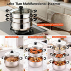 3-Tier 24 Qt Stainless Steel Steamer Pot with Glass Lid – Multi-Layer Stackable Cookware for Tamales, Vegetables & Seafood – Includes 2 Steamer Trays & Base Pot(30cm/11.8Inch)