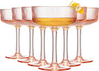 Khen Shatterproof Acrylic Ribbed Vintage Art Deco Martini, Champagne & Cocktail Pink Peach Tint Color Plastic Coupe Glasses | Set of 6 | 8oz Ripple Glassware Cocktail Indoor & Outdoor European Style