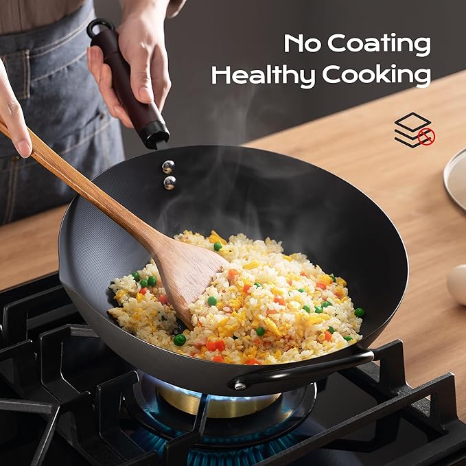 Wok, 13 Inch carbon steel woks & stir-fry pans nonstick, Pre-Seasoned 5.8QT Flat Bottom Chinese Wok Paella Pan with lid, Carbon Steel Cookware, Compatible with All Cooktops
