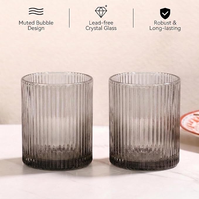 Physkoa Grey Ribbed Drinking Glasses Set of 6 – 9oz Vintage Smoke Grey Glassware, Embossed Ribbed Tumbler Cups for Juice, Water, Cocktail, Iced Coffee