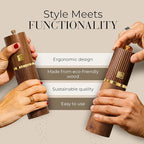 Wooden Salt and Pepper Grinder Set – Refillable Manual Salt and Pepper Mills with Adjustable Ceramic Burrs, Gold Detailing, and Wood Stand – Dark Wood