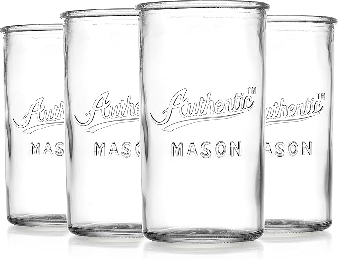 Glaver's Drinking Glasses – Set of 4 Authentic Mason Vintage Glassware – Clear Glass Tumblers for Cocktails, Water, Juice – Embossed Vintage Drinking Glasses