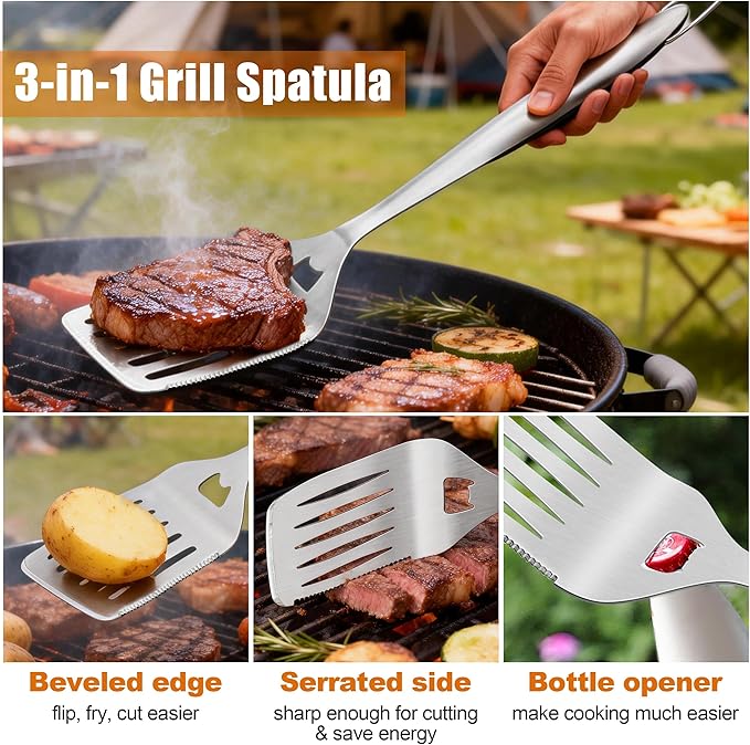 Grilling Accessories, HaSteeL 18in BBQ Grill Accessories Set of 4, Stainless Steel Grilling Tools for Outdoor Barbecue Camping, Heavy Duty Grill Spatula, Tong, Fork, Basting Brush, Gifts for Men