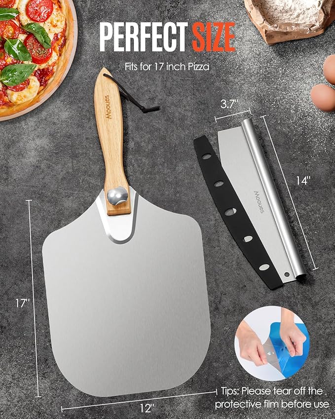 Pizza Peel Aluminum Pizza Spatula,17 inch Metal Pizza Paddle(12"x 17") with Rocker Cutter Foldable Wood Handle, [Storage bag included], for Family Pizza Oven Baking Pizza, Dough, Bread & Pastry