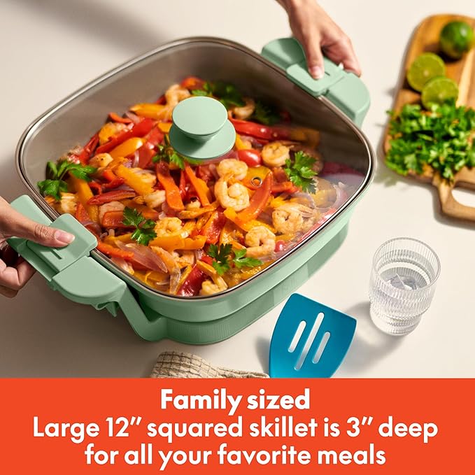 bella Make & Take Electric Skillet, Fits-anywhere™ kitchenware, EverGood™ Ceramic Coating, Adjustable Temperature & Dishwasher-Safe Tempered Glass Lid, Cast Aluminum Base, 1200 Watt, Seaglass