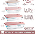 COOK WITH COLOR 8 PC. Glass Baking Dish Set with Lids - Deep Casserole Dish, Glass Food Container, Oven, Freezer and Microwave Safe, Clear Container, Pink