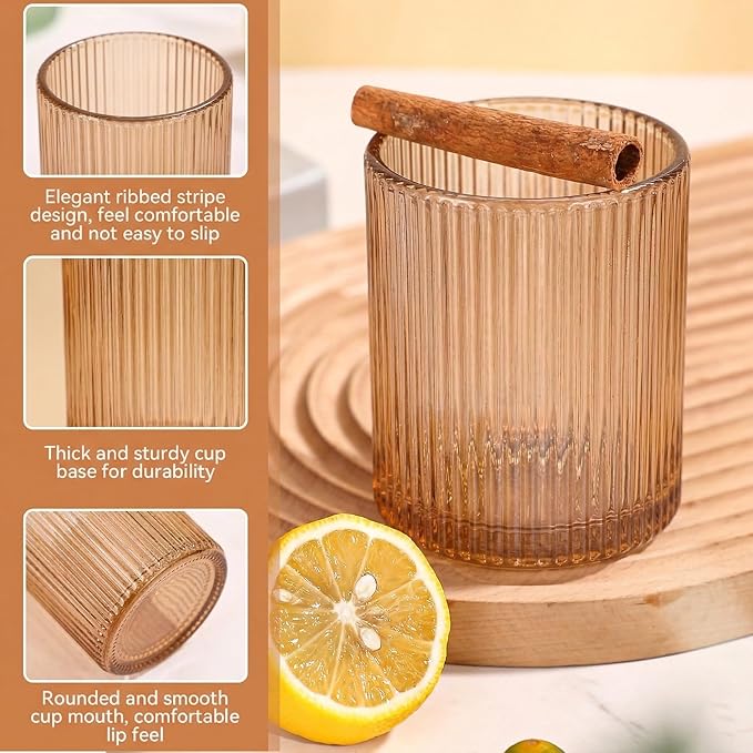 Physkoa Brown Ribbed Drinking Glasses Set of 6 – 9oz Vintage Amber Brown Glassware, Embossed Ribbed Tumbler Cups for Whiskey, Juice, Water, Cocktail