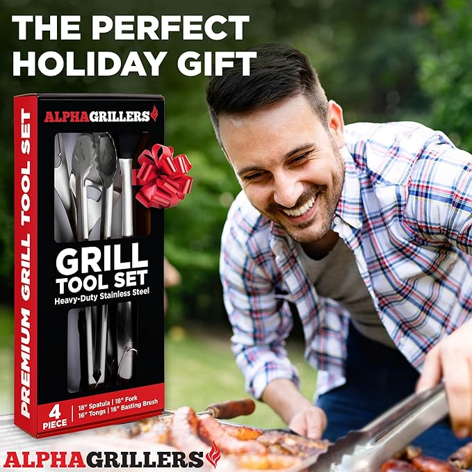 Alpha Grillers Grilling Accessories - Grilling Gifts for Men - BBQ Accessories Grill Tools Set with Spatula, Fork, Brush & Tongs - Outdoor Barbecue Utensils Gifts for Men Dad Him Boyfriend