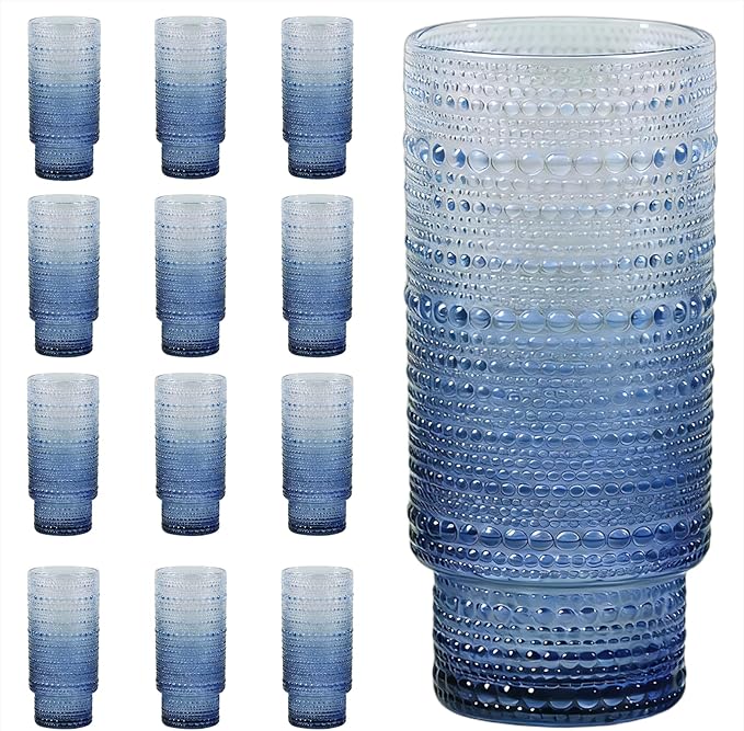 Large Capacity 16 oz Hobnail Drinking Glasses Set of 12, Vintage Glassware Drinking Glasses, Gray-blue Water Glasses Tumbler, Cups for Kitchen, Juice, Beer, Cocktail, Whiskey