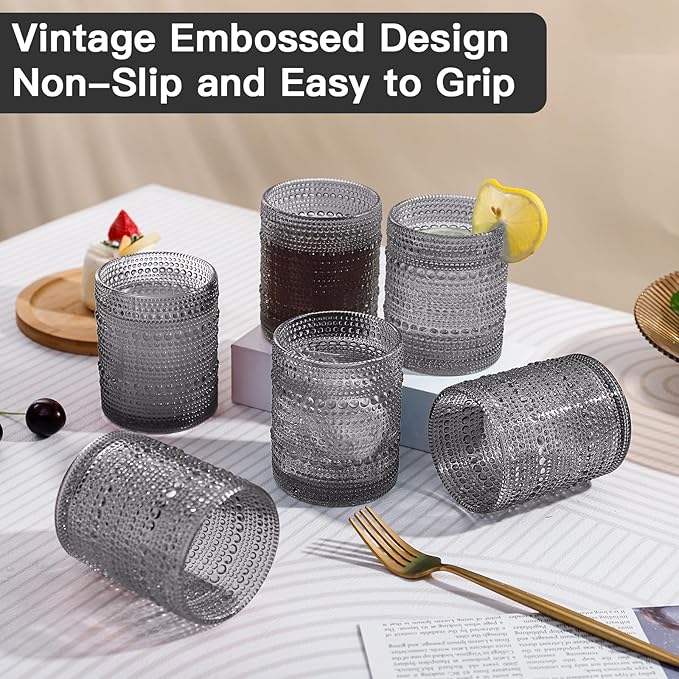 JOVGANK Grey Vintage Hobnail Drinking Glasses Set of 6, Embossed Water Tumbler 12oz, Kitchen & Bar Beaded Glass Cups, Beverage Glass Cups for Water, Beer, Juice, Housewarming and Mother's Day Gift