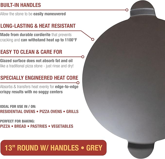 Old Stone Pizza Kitchen Glazed Round Pizza Stone with Handles for Oven and Grill, 13 inch