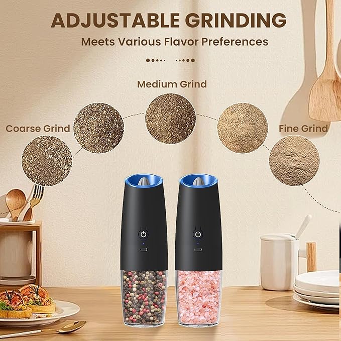 Rechargeable Electric Salt And Pepper Grinder Set, Automatic Gravity Electric Salt And Pepper Grinder Set, Adjustable Roughness, Led Light, 2 Pack, (Black)