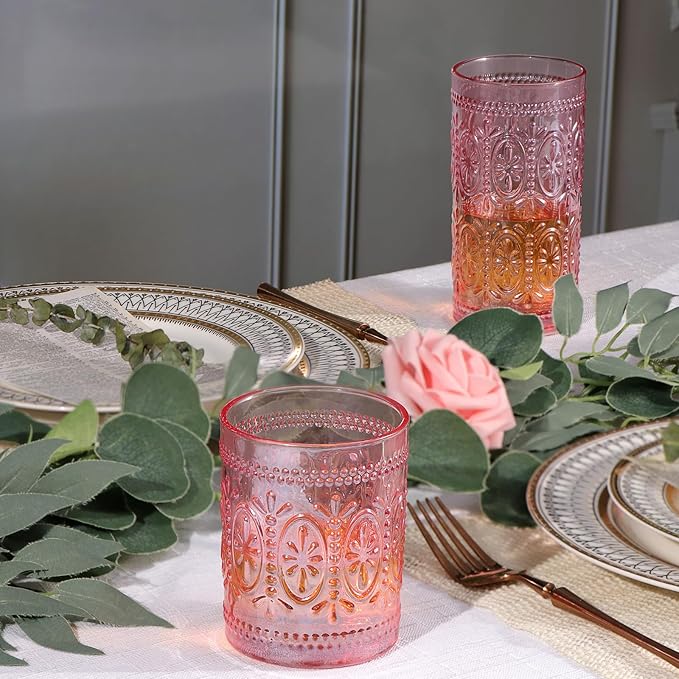 Darlion Pink Glassware Set of 4, Vintage Drinking Glasses, Colored Glassware Drinking, Highball Embossed Beverage Glasses Cup for Party Wedding Home Office and Gift (2pcs12oz+2pcs10oz