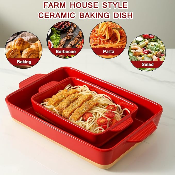 Ceramic Baking Casserole Dish with Handles, Large 9x13 inch Pan and Middle Baking Pan - Porcelain Serving Bakeware Set (Vintage Red)
