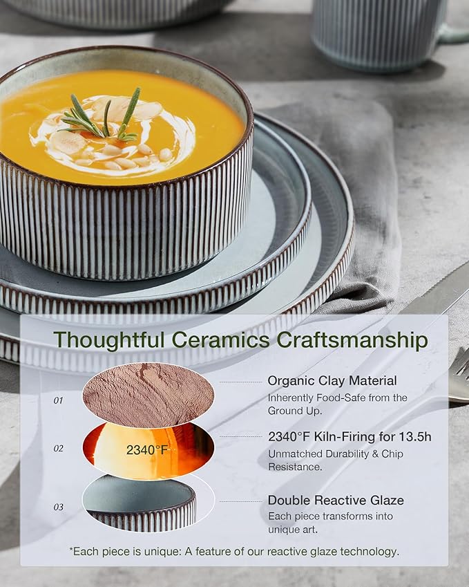 Famiware Star 18-Piece Reactive Glaze Plates and Bowls Sets, Service for 6 - Stoneware Dinnerware with Trim, Modern Rustic Dishes, Chip & Scratch Resistant, Microwave & Dishwasher Safe, Smoky Blue