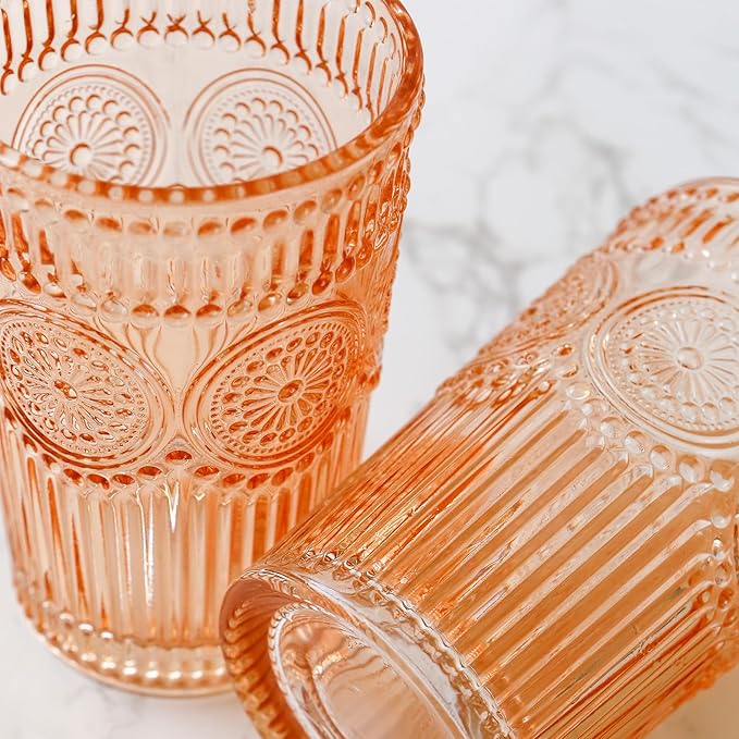 Kate Aspen Vintage Textured Rose Gold Striped Drinking Glasses Set of 6, (13 oz) Ribbed Glassware Set | Cocktail Set, Ice Tea Glasses, Juice Glass, Water Cups