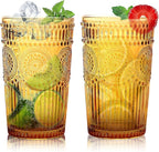 Loivttvv 6pcs Vintage Drinking Glasses Set, 12 oz Amber Highball Glasses, Embossed Ribbed Glassware Cups for Thanksgiving Cocktail, Juice, Whiskey