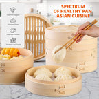 KITCHENCRUST Bamboo Steamer Basket for Chinese Asian Cuisine - 2 Tier 10-Inch Steaming Basket Bun Vegetable Steam, Dumpling Steamer bamboo steam basket, Sauce Dish, Chopsticks, Reusable Liners, Ring