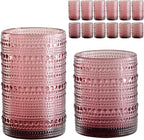 ZMOWIPDL Vintage Glassware Drinking Glasses Set of 12,Purple 12oz & 15oz Hobnail Glass Cups,Embossed Water Tumbler,for Beer,Cocktail,Whiskey,Juice and Various Mixed Drinks- 1 Cleaning Brush