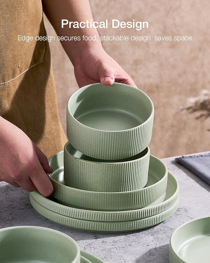 Famiware Star 12-Piece Stoneware Dinnerware Sets, Service for 4 - Handcrafted Reactive Glaze Plates and Bowls, Modern Rustic Dishes, Chip/Scratch Resistant, Microwave/Dishwasher Safe, Matte Sage Green