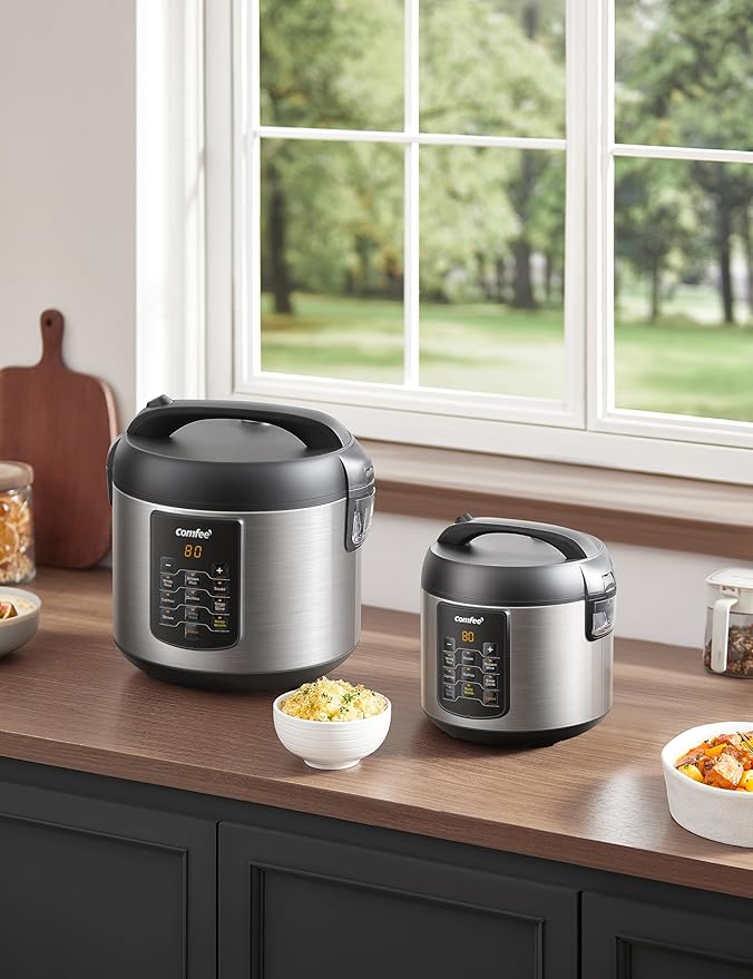 COMFEE' Rice Cooker Upgraded, 6-in-1 Stainless Steel Multi Cooker, Slow Cooker, Steamer, Saute, and Warmer, 2 QT, 8 Cups Cooked(4 Cups Uncooked), Brown Rice, Quinoa and Oatmeal, 6 One-Touch Programs
