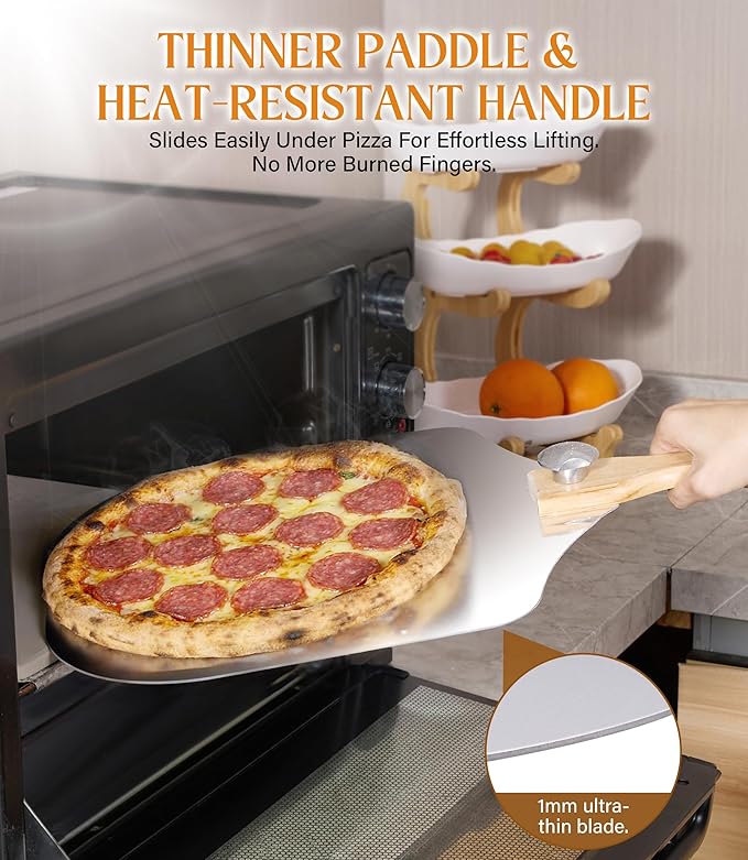 Pizza Peel 12-Inch Aluminum Pizza Paddle & Spatula with Pizza Cutter Rocker, Foldable Wood Handle – Pizza Server for Baking Homemade Bread, Pastry & Dough, for Family Pizza Oven