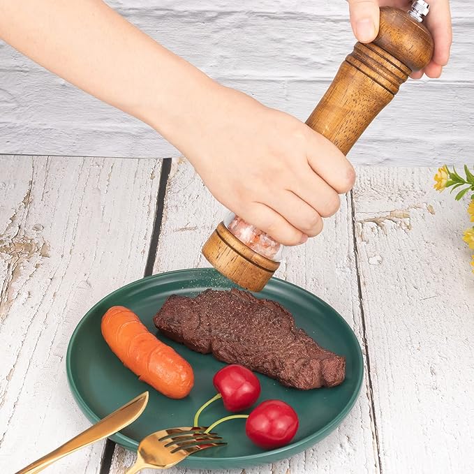 Haomacro Pepper Grinder, Wood Salt and Pepper Mills Set, Classic Manual Spice Grinder Refillable Salt Mill Sets with Acrylic Visible Window Adjustable Ceramic Grinding Rotor 8 inch 2 Pack