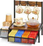 DGWJSU Tea Bag Organizer, Wood Tea Organizer and Storage Cheast, Tea Bag Holder with Storage Drawer, 4 Hooks for Tea Cups Holder, Tea Station Chest Display Container Box for Countertop Kitchen