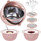 4-1 Colander with Bowl & Spoons Set - Food Strainer with New Upgraded Graters & Spoons - Colanders for kitchen(Patented) - Strainer for Fruit Pasta Veggie, Funny Presents for Women, Pink